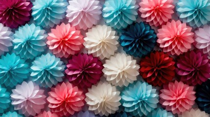 Obraz premium origami flower rolled sheets. large colorful wall featuring paper flower decorations, in the style of color gradient, paper flowers for holiday decor