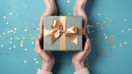 Woman hands holding elegant present gift box with golden ribbon over blue background with confetti. Christmas, New Year, Valentine's Day, Mother day, Father day greeting card. Top view