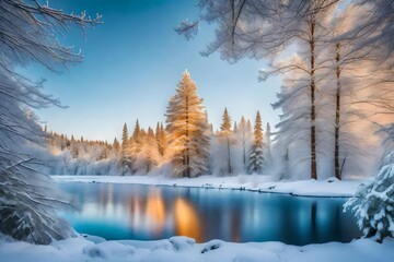 Winter landscape scenery beauty, Landscape scenery vector, a winter wonderland with snow-covered landscapes, towering pine trees, and a frozen lake