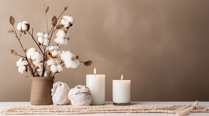 Stylish Table With Cotton Flowers and Aroma Candles Background. Elegant Minimalist Backdrop
