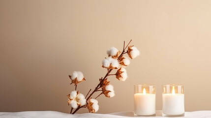Fototapeta na wymiar Stylish Table With Cotton Flowers and Aroma Candles Background. Elegant Minimalist Backdrop