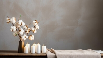 Stylish Table With Cotton Flowers, Towel And Aroma Candles Background. Elegant Minimalist Backdrop