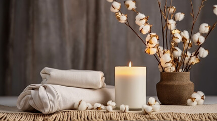 Stylish Table With Cotton Flowers, Towel And Aroma Candles Background. Elegant Minimalist Backdrop