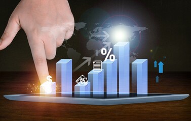 Interest rate dividend. Businessman with percentage and arrow