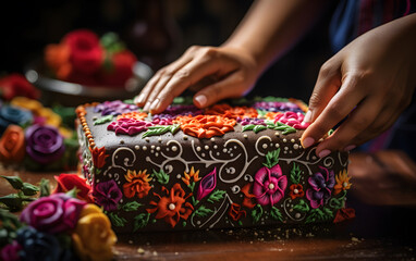 Manos de una mujer latina que está cocinadno un pastel multicolor para cumpleaños  - obrazy, fototapety, plakaty