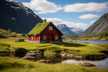 Fototapeta na wymiar Traditional red wooden house with grass roof on the shore of fjord in Norway