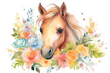 Foal and floral background. Multicolored bright watercolor illustration.