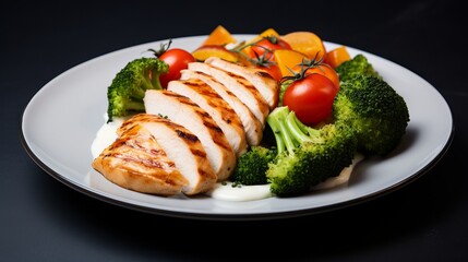 On a white plate with white sesame seeds, tomatoes, broccoli, and pumpkin, the chicken steak is topped with these ingredients.