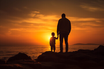 Ocean landscape during sunset with father and son looking into the distance