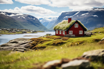 Traditional red wooden house with grass roof on the shore of fjord in Norway - obrazy, fototapety, plakaty