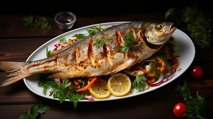 A wooden table is displayed with fried carp and a fresh vegetable salad in a flat lay top view.