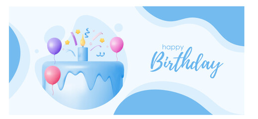 Birthday banner. 3d cake with confetti and balloons. In blue colors. With an abstract design. 3d vector illustration.