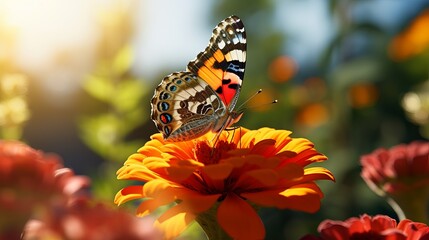 A butterfly on a flower with a blurred background is shown in a closeup shot