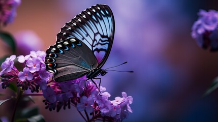 A butterfly resting on purple flowers with a close-up shot.