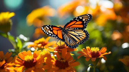 A close-up image of a stunning butterfly on a flower that has orange petals.