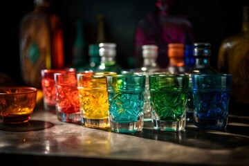 Colorful glasses bottles. Designer containers various festive drinks table. Generate AI