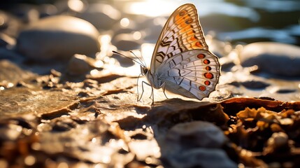 A close-up picture of a gorgeous orange butterfly on rocks in nature