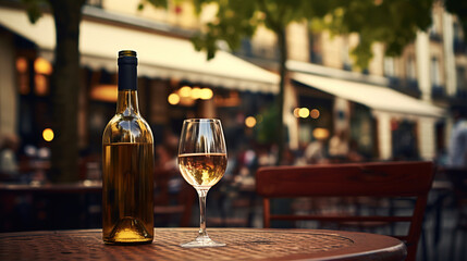 Generative AI, glass of wine and bottle on wooden table with blur background with lights of street bar, cafe, coffee shop or restaurant, wine mock up	
