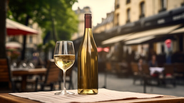 Generative AI, glass of wine and bottle on wooden table with blur background with lights of street bar, cafe, coffee shop or restaurant, wine mock up	
