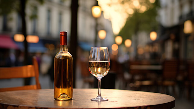 Generative AI, glass of wine and bottle on wooden table with blur background with lights of street bar, cafe, coffee shop or restaurant, wine mock up	
