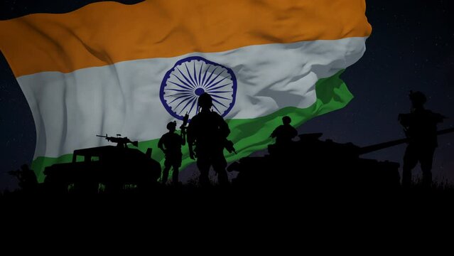 Silhouette of a Group of Soldiers and the India Flag Waving in the Background. Looped.