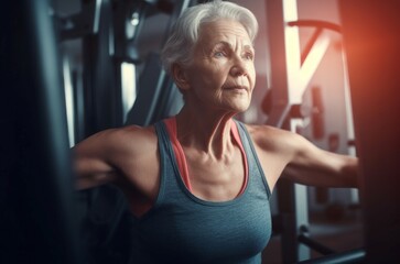 Obraz premium Concentrated fit elderly woman. Fit gym sporty focused machine. Generate Ai