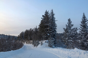 Obraz premium Winter landscape, road through a snowy forest. Winter travel.