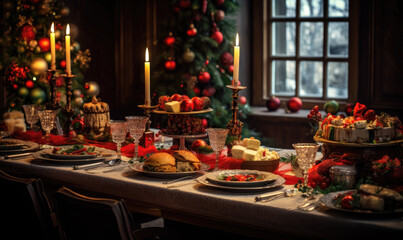 Fototapeta na wymiar A beautiful Christmas table served for Christmas family dinner 