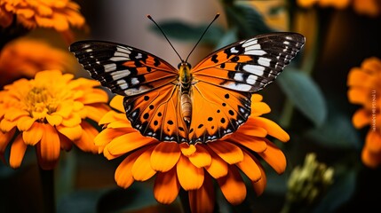 A close-up shot of a butterfly that is beautiful and has interesting textures on an orange-petalled flower.