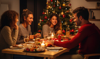 Obraz na płótnie Canvas Happy family is enjoying Christmas dinner at home. Merry Christmas theme.