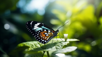 Obraz premium A close-up shot of a stunning butterfly resting on a green leaf.