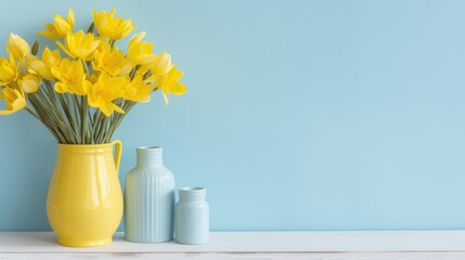 Bright yellow flowers in a vase on a white shelf