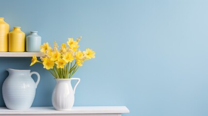 Bright yellow flowers in a vase on a white shelf - Powered by Adobe