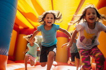 children jumping in bounce house - obrazy, fototapety, plakaty