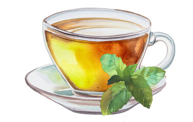 Vintage glass cup with Melissa leaves illustration. Retro mug design. Hot drink clipart isolated on a white background. Calming herbal tea clipart. Drink for better health.