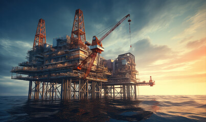 Oil and gas rig platform in the middle of the ocean is producing raw gas and oil. - obrazy, fototapety, plakaty