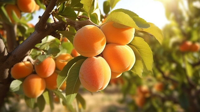 Ripe apricots growing on trees in orchard