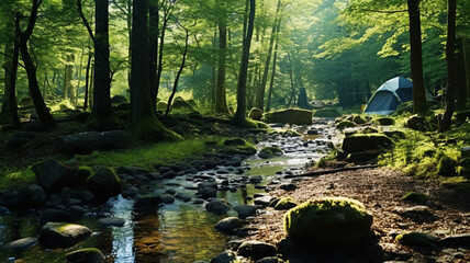 tourist tent camping in nature the forest on the banks of the river