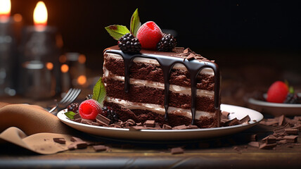 Chocolate cake with with berries, strawberries and cherries. - obrazy, fototapety, plakaty