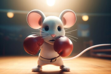 Cute mouse boxing. White and stark little rodent with red big gloves. Generate AI