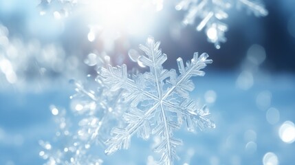 Winter weather snowy, christmas background banner greeting card - Closeup of frozen snowflake ice crystal in snow with blue sky and sunshine