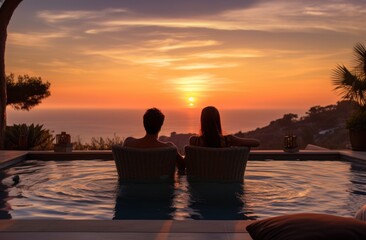 couple and woman enjoying sunset from the pool and overlooking the ocean,