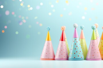 colourful party hats and different party accessories on a blue background,