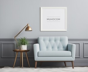 Soft blue color sofa over knitted rug against gray wall. Square poster frame on wall and round table on floor.