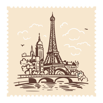 Eiffel Tower in Paris on a postage stamp. Landmark of Paris. Doodle style illustration