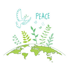 Obraz premium International Day of Peace. Bird, globe, flowers, heart continuous drawing. Concept of love, peace and kindness. Text. Vector