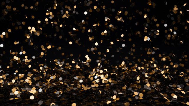 Blurry golden and white fairy string lights in dark night creating beautiful bokeh effect with glowing circles or shiny dots
