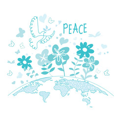 Fototapeta na wymiar International Day of Peace. Bird, globe, flowers, heart continuous drawing. Concept of love, peace and kindness. Text. Vector