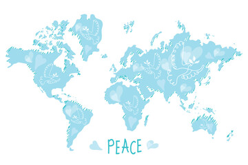 International Day of Peace. Bird, globe, flowers, heart continuous drawing. Concept of love, peace and kindness. Text. Vector