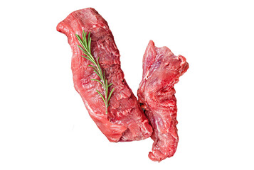 Whole Beef tenderloin meat, raw tender loin on butcher table.  Transparent background. Isolated.